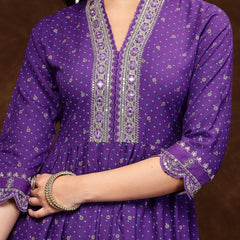 Stylum Women's Violet Bandhani Printed & Embroidered Rayon Flared Kurta Pant Dupatta Set (KPDVOILGALIB)
