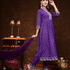 Stylum Women's Violet Bandhani Printed & Embroidered Rayon Flared Kurta Pant Dupatta Set (KPDVOILGALIB)