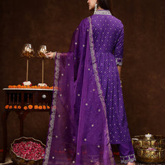 Stylum Women's Violet Bandhani Printed & Embroidered Rayon Flared Kurta Pant Dupatta Set (KPDVOILGALIB)