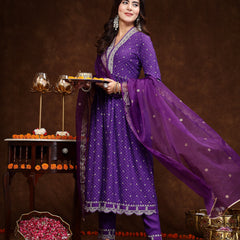 Stylum Women's Violet Bandhani Printed & Embroidered Rayon Flared Kurta Pant Dupatta Set (KPDVOILGALIB)