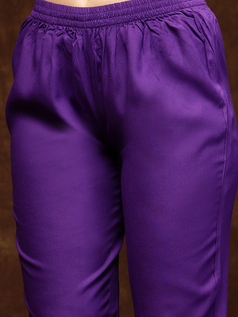 Stylum Women's Violet Bandhani Printed & Embroidered Rayon Flared Kurta Pant Dupatta Set (KPDVOILGALIB)