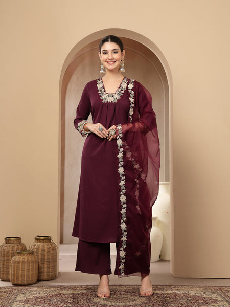 Stylum Women's Violet Solid & Embroidered Crepe A-Line Kurta Pant Dupatta Set (KPDVOILJAMA)