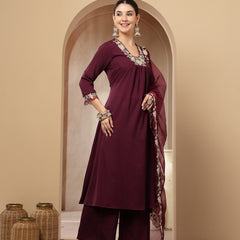 Stylum Women's Violet Solid & Embroidered Crepe A-Line Kurta Pant Dupatta Set (KPDVOILJAMA)