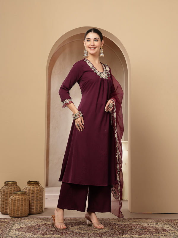 Stylum Women's Violet Solid & Embroidered Crepe A-Line Kurta Pant Dupatta Set (KPDVOILJAMA)