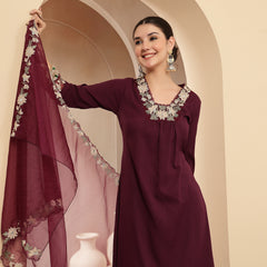 Stylum Women's Violet Solid & Embroidered Crepe A-Line Kurta Pant Dupatta Set (KPDVOILJAMA)