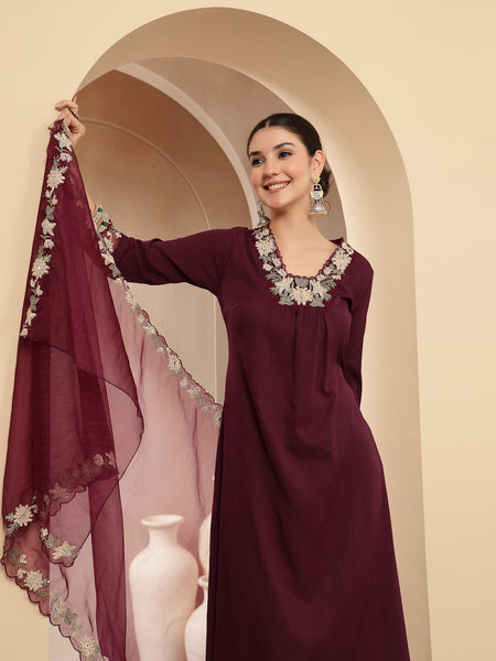 Stylum Women's Violet Solid & Embroidered Crepe A-Line Kurta Pant Dupatta Set (KPDVOILJAMA)