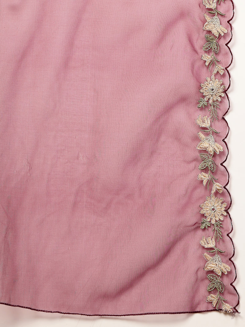 Stylum Women's Violet Solid & Embroidered Crepe A-Line Kurta Pant Dupatta Set (KPDVOILJAMA)