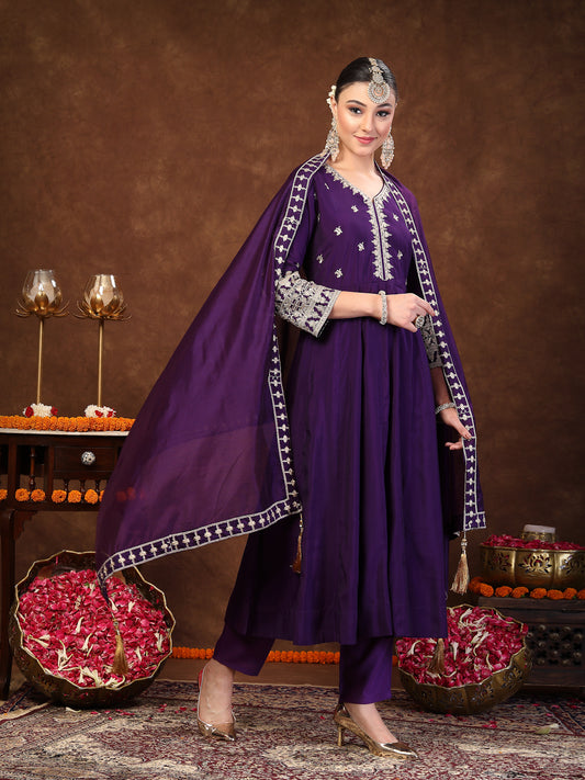 Stylum Women's Violet Solid & Embroidered Silk Blend Anarkali Kurta Pant Dupatta Set (KPDVOILJARIN)