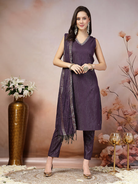 Stylum Women's Woven Designed Cotton Blend Straight Kurta Pant Dupatta Set (KPDVOILJERICO)
