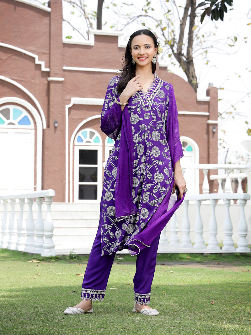 Stylum Women's Voilet Bandhani Printed & Embroidered Rayon Straight Kurta Pant Dupatta Set (KPDVOILMASABA)