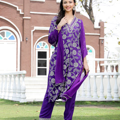 Stylum Women's Voilet Bandhani Printed & Embroidered Rayon Straight Kurta Pant Dupatta Set (KPDVOILMASABA)