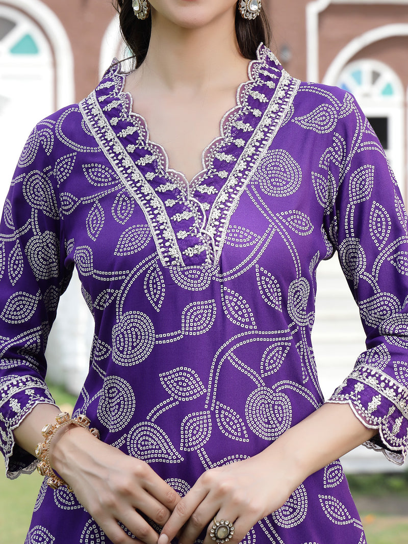 Stylum Women's Voilet Bandhani Printed & Embroidered Rayon Straight Kurta Pant Dupatta Set (KPDVOILMASABA)