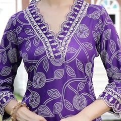 Stylum Women's Voilet Bandhani Printed & Embroidered Rayon Straight Kurta Pant Dupatta Set (KPDVOILMASABA)