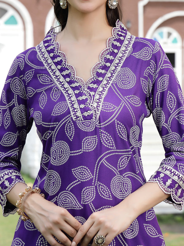 Stylum Women's Voilet Bandhani Printed & Embroidered Rayon Straight Kurta Pant Dupatta Set (KPDVOILMASABA)