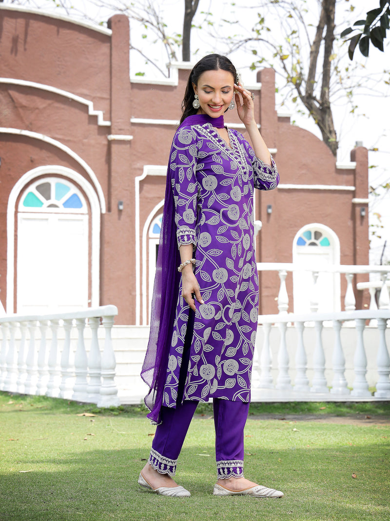 Stylum Women's Voilet Bandhani Printed & Embroidered Rayon Straight Kurta Pant Dupatta Set (KPDVOILMASABA)