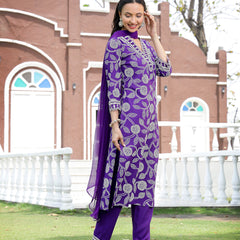 Stylum Women's Voilet Bandhani Printed & Embroidered Rayon Straight Kurta Pant Dupatta Set (KPDVOILMASABA)