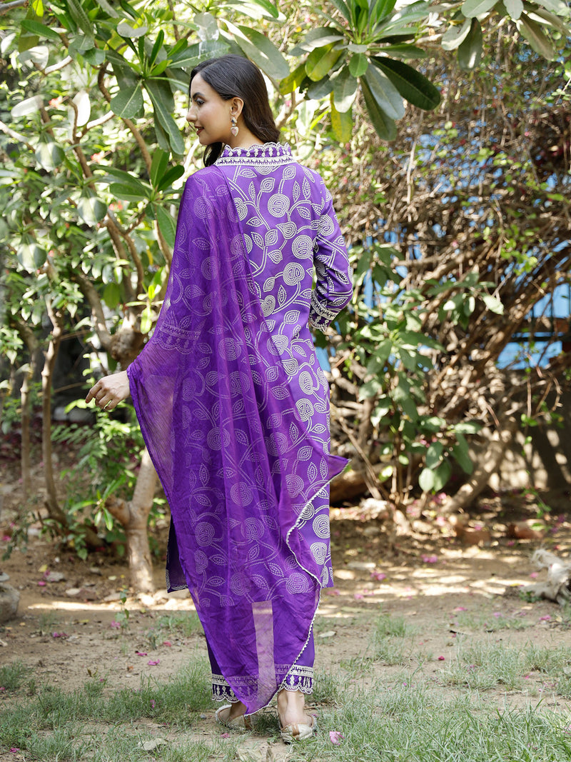 Stylum Women's Voilet Bandhani Printed & Embroidered Rayon Straight Kurta Pant Dupatta Set (KPDVOILMASABA)