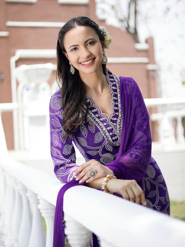 Stylum Women's Voilet Bandhani Printed & Embroidered Rayon Straight Kurta Pant Dupatta Set (KPDVOILMASABA)