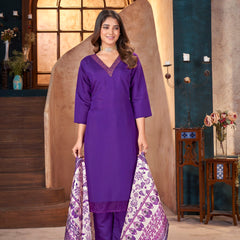 Stylum Women's Violet Solid & Embroidered Silk Blend Straight Kurta Pant Dupatta Set (KPDVOILMINATI)
