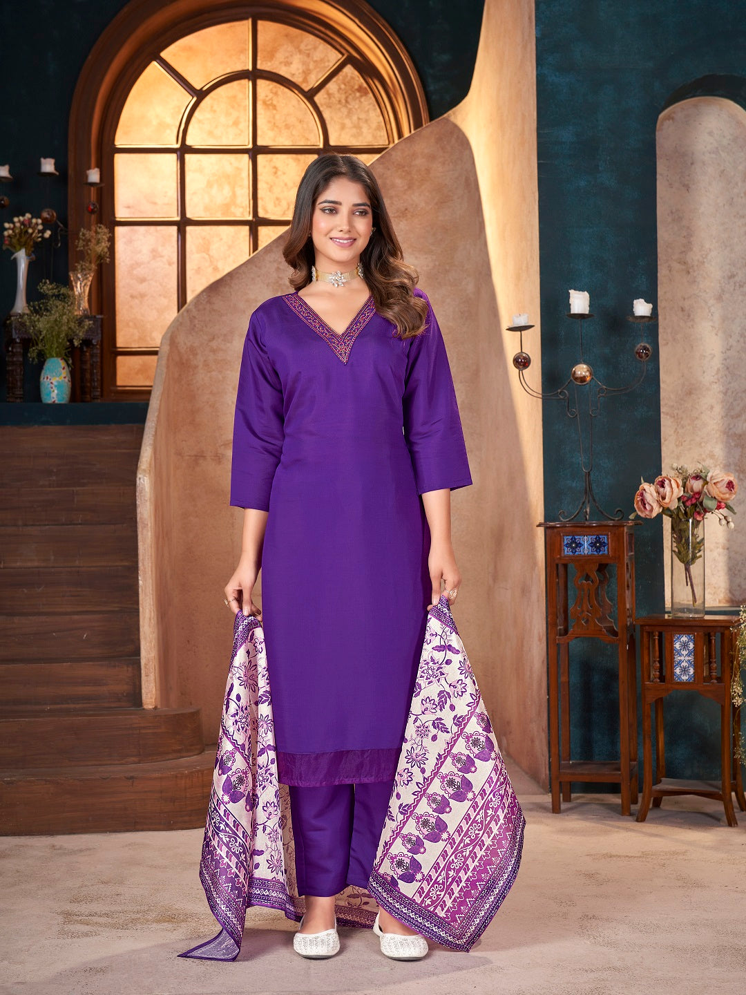 Stylum Women's Violet Solid & Embroidered Silk Blend Straight Kurta Pant Dupatta Set (KPDVOILMINATI)