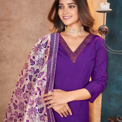 Stylum Women's Violet Solid & Embroidered Silk Blend Straight Kurta Pant Dupatta Set (KPDVOILMINATI)