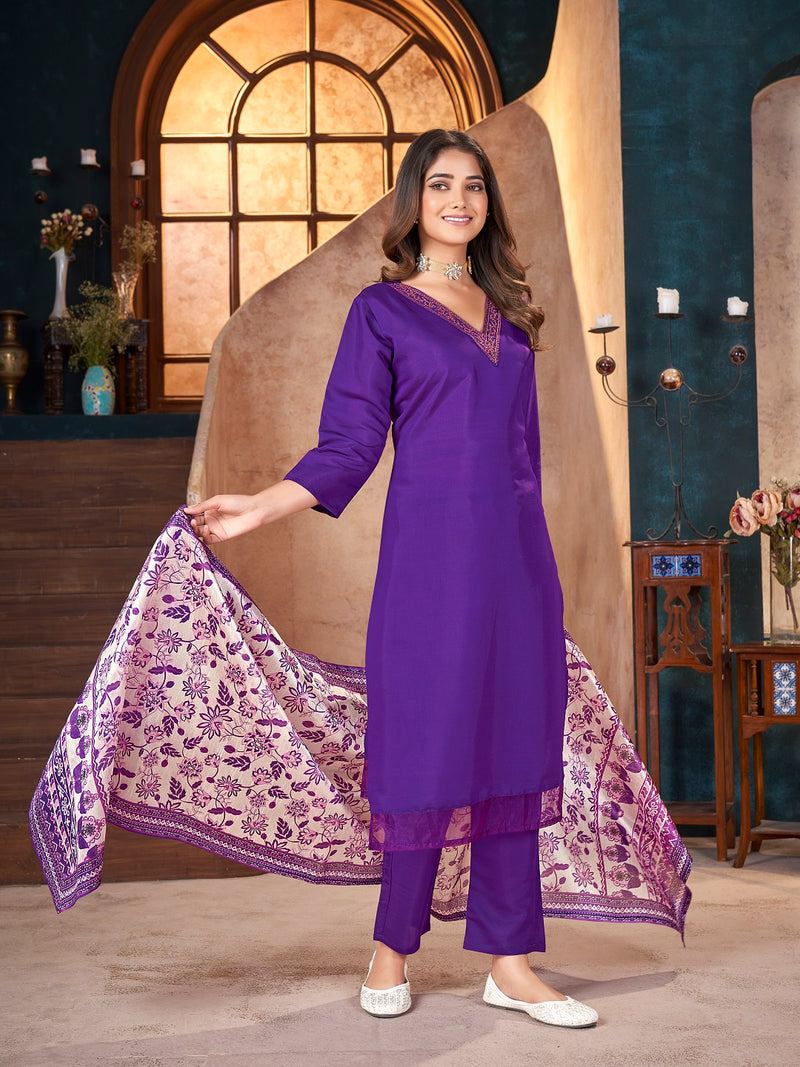 Stylum Women's Violet Solid & Embroidered Silk Blend Straight Kurta Pant Dupatta Set (KPDVOILMINATI)