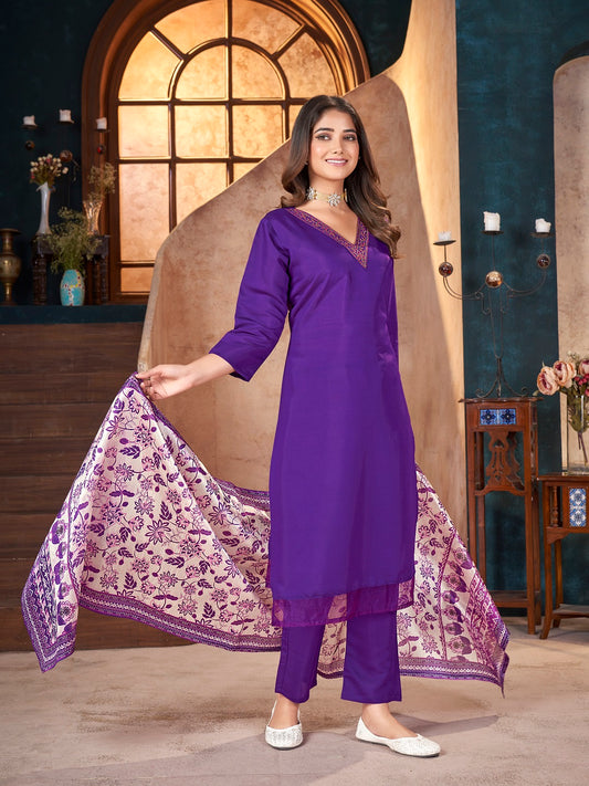 Stylum Women's Violet Solid & Embroidered Silk Blend Straight Kurta Pant Dupatta Set (KPDVOILMINATI)