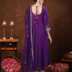 Stylum Women's Violet Solid & Embroidered Rayon Anarkali Kurta Pant Dupatta Set (KPDVOILQUEEN)
