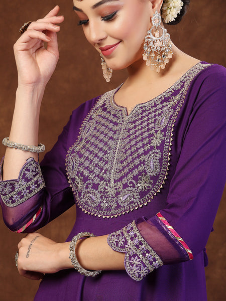 Stylum Women's Violet Solid & Embroidered Rayon Anarkali Kurta Pant Dupatta Set (KPDVOILQUEEN)