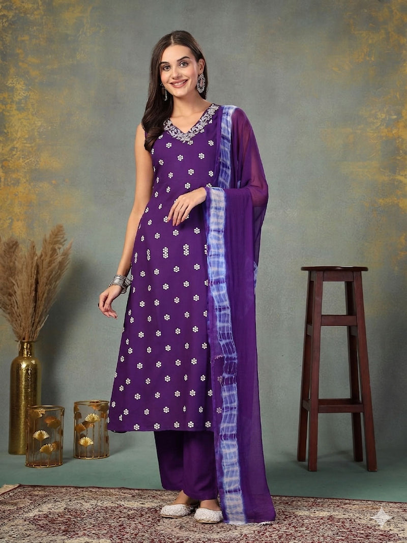 Stylum Women's Violet Floral Printed & Embroidered Rayon A-Line Kurta Pant Dupatta Set (KPDVOILSAFIRA)