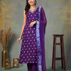Stylum Women's Violet Floral Printed & Embroidered Rayon A-Line Kurta Pant Dupatta Set (KPDVOILSAFIRA)