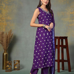 Stylum Women's Violet Floral Printed & Embroidered Rayon A-Line Kurta Pant Dupatta Set (KPDVOILSAFIRA)