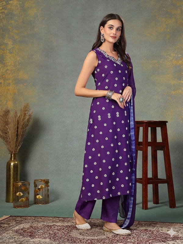 Stylum Women's Violet Floral Printed & Embroidered Rayon A-Line Kurta Pant Dupatta Set (KPDVOILSAFIRA)