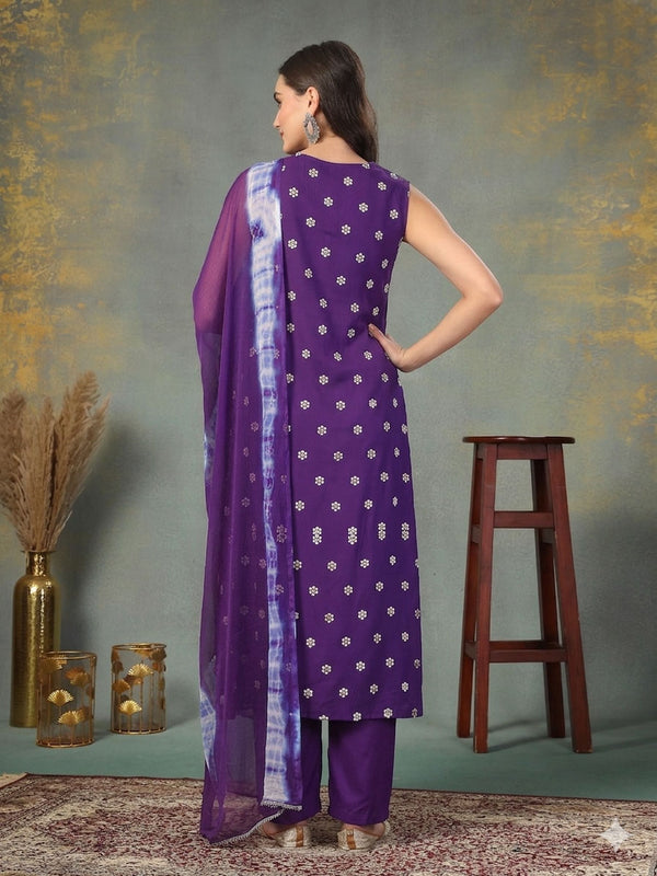Stylum Women's Violet Floral Printed & Embroidered Rayon A-Line Kurta Pant Dupatta Set (KPDVOILSAFIRA)