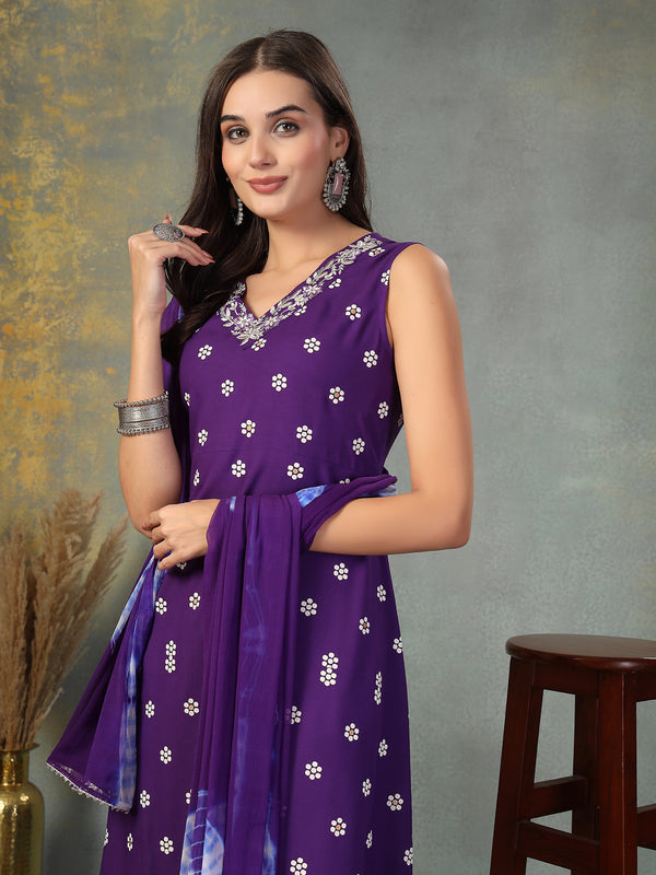 Stylum Women's Violet Floral Printed & Embroidered Rayon A-Line Kurta Pant Dupatta Set (KPDVOILSAFIRA)