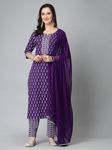 Stylum Women's Floral Printed Rayon Straight Kurta Pant Dupatta Set (KPDVOILSEAL)