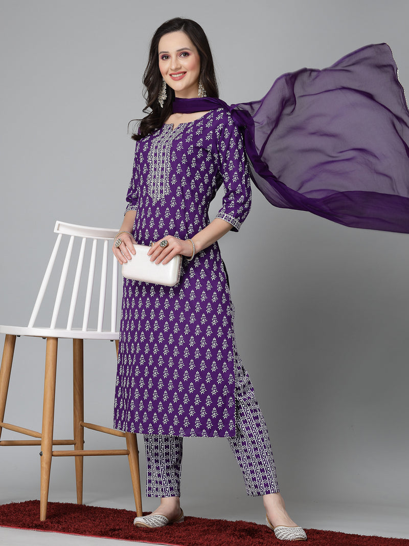 Stylum Women's Floral Printed Rayon Straight Kurta Pant Dupatta Set (KPDVOILSEAL)