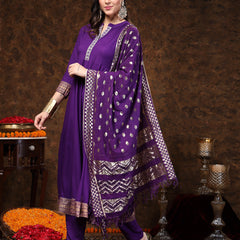Stylum Women's Violet Solid & Embroidered Rayon Anarkali Kurta Pant Dupatta Set (KPDVOILTANTRA)