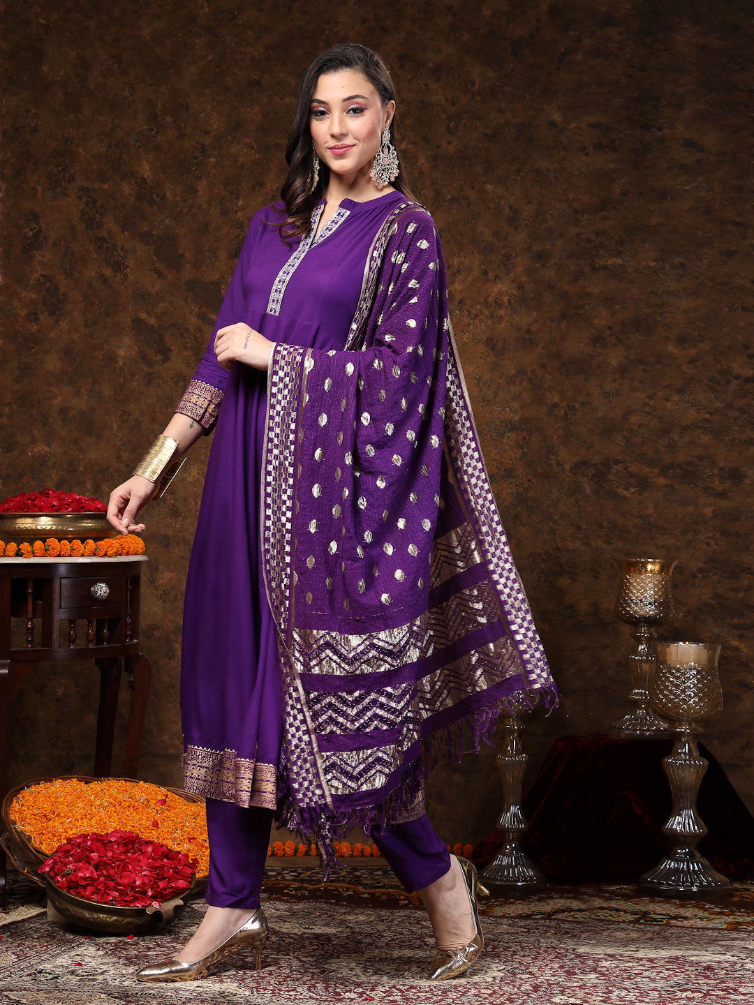 Stylum Women's Violet Solid & Embroidered Rayon Anarkali Kurta Pant Dupatta Set (KPDVOILTANTRA)