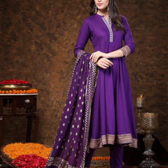 Stylum Women's Violet Solid & Embroidered Rayon Anarkali Kurta Pant Dupatta Set (KPDVOILTANTRA)