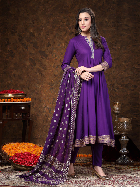 Stylum Women's Violet Solid & Embroidered Rayon Anarkali Kurta Pant Dupatta Set (KPDVOILTANTRA)