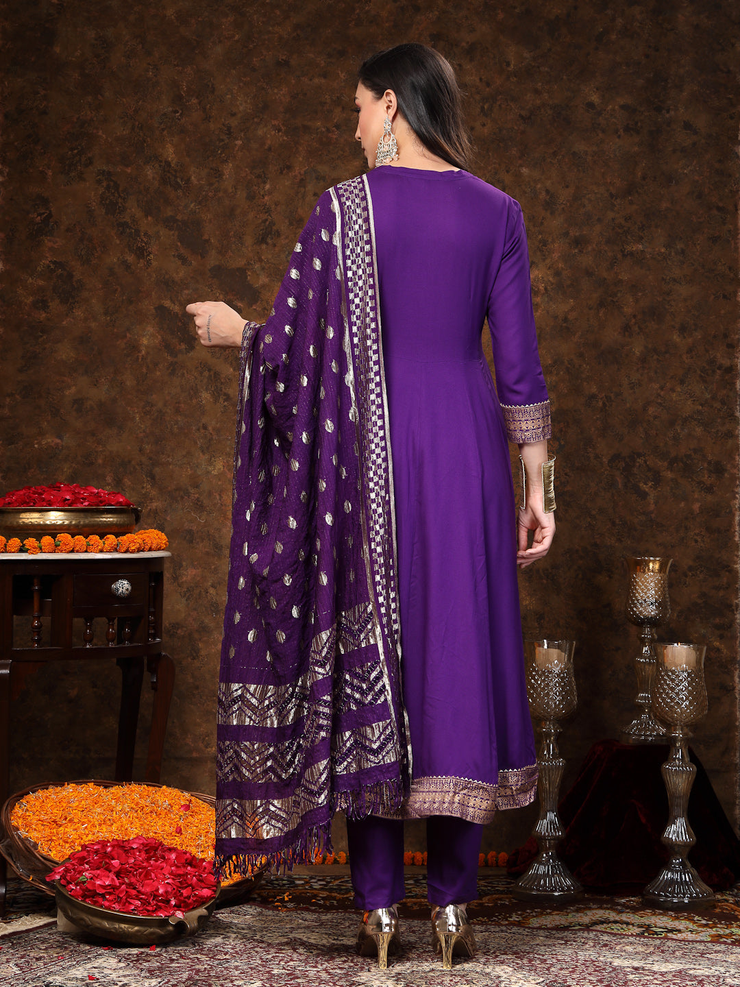 Stylum Women's Violet Solid & Embroidered Rayon Anarkali Kurta Pant Dupatta Set (KPDVOILTANTRA)