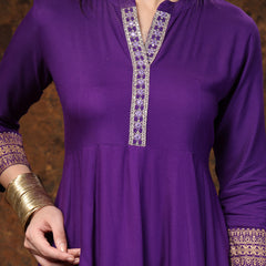 Stylum Women's Violet Solid & Embroidered Rayon Anarkali Kurta Pant Dupatta Set (KPDVOILTANTRA)