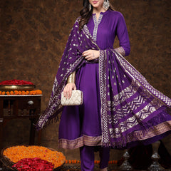 Stylum Women's Violet Solid & Embroidered Rayon Anarkali Kurta Pant Dupatta Set (KPDVOILTANTRA)