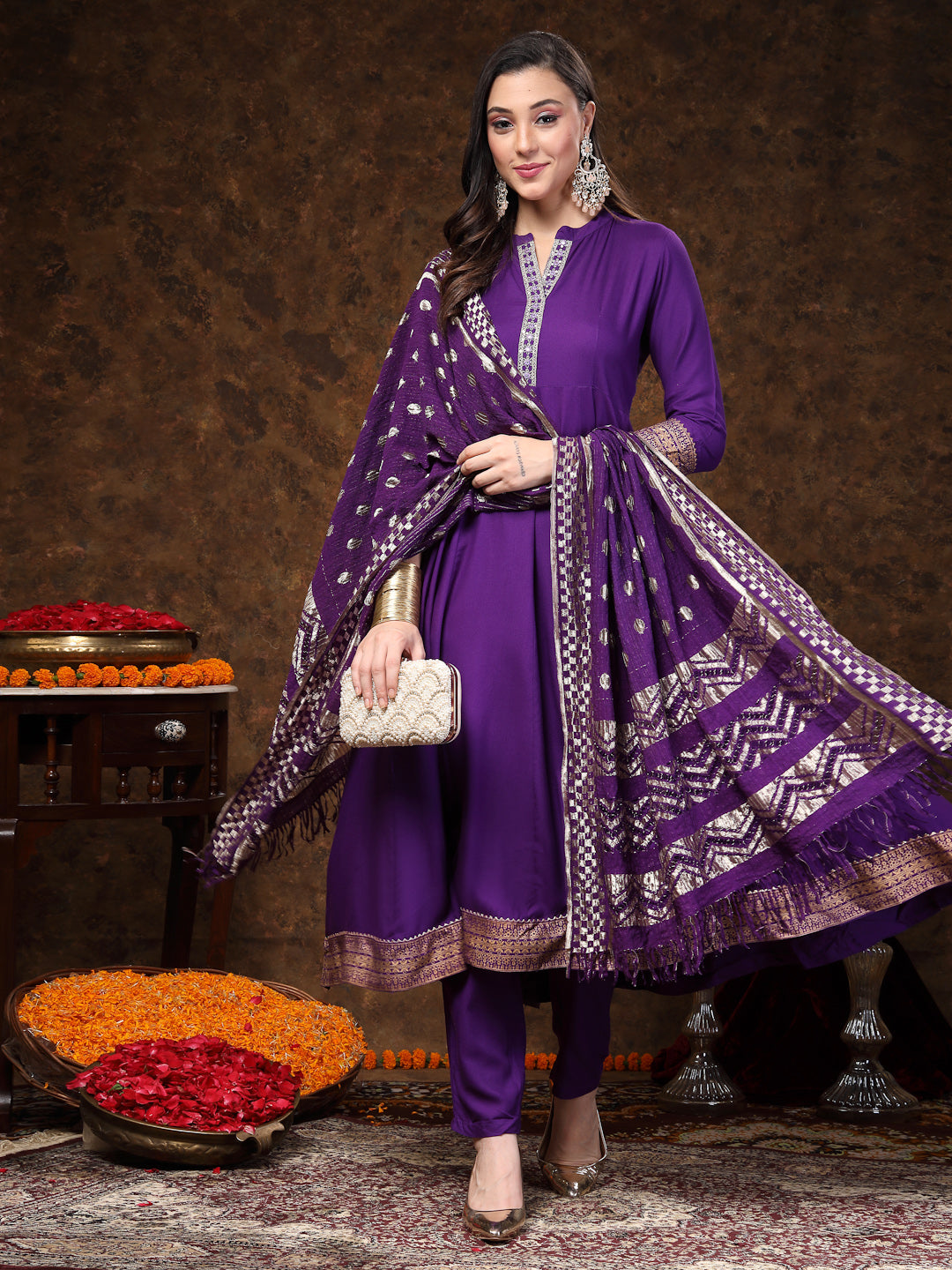 Stylum Women's Violet Solid & Embroidered Rayon Anarkali Kurta Pant Dupatta Set (KPDVOILTANTRA)