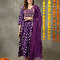 Stylum Women's Bandhej Printed & Embroidered Rayon Anarkali Kurta Pant Dupatta Set (KPDVOILTRISHA)