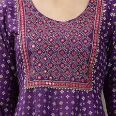 Stylum Women's Bandhej Printed & Embroidered Rayon Anarkali Kurta Pant Dupatta Set (KPDVOILTRISHA)