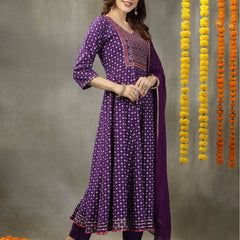 Stylum Women's Bandhej Printed & Embroidered Rayon Anarkali Kurta Pant Dupatta Set (KPDVOILTRISHA)