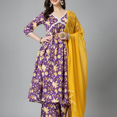 Stylum Women's Floral Printed Cotton Pleated Kurta Palazzo Dupatta Set (KPDVOILZAYLA)