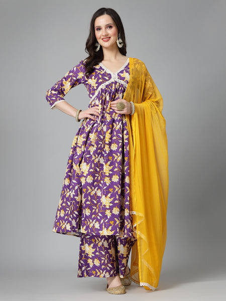 Stylum Women's Floral Printed Cotton Pleated Kurta Palazzo Dupatta Set (KPDVOILZAYLA)